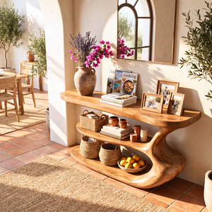 Organic Wooden Console Shelf Handmade Sculptural Storage Table