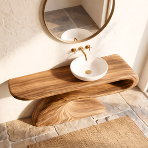 Modern Solid Wood Bathroom Vanity with Sculptural Curved Open Shelf