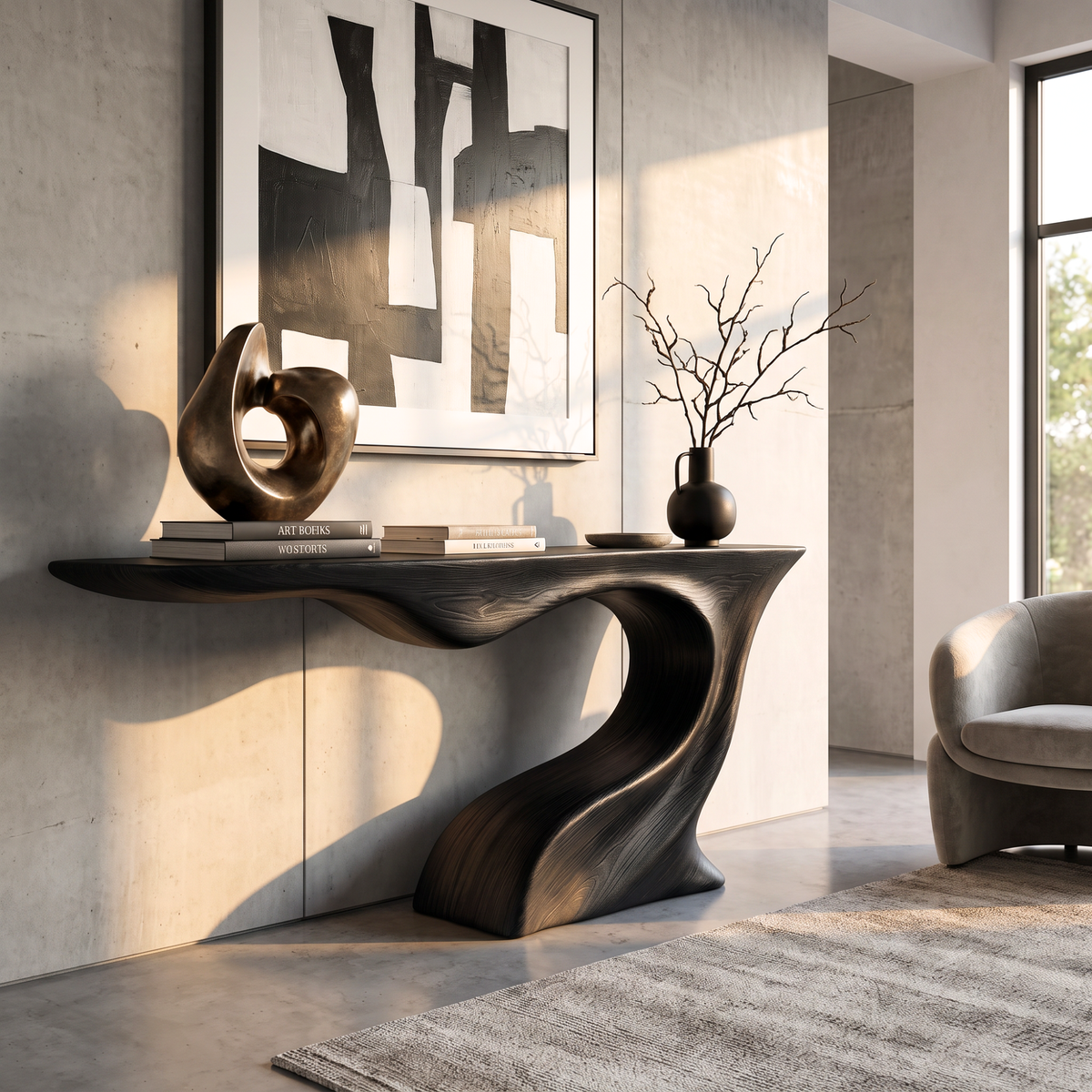 Console Table Solid Wood with Sculptural Arch Base