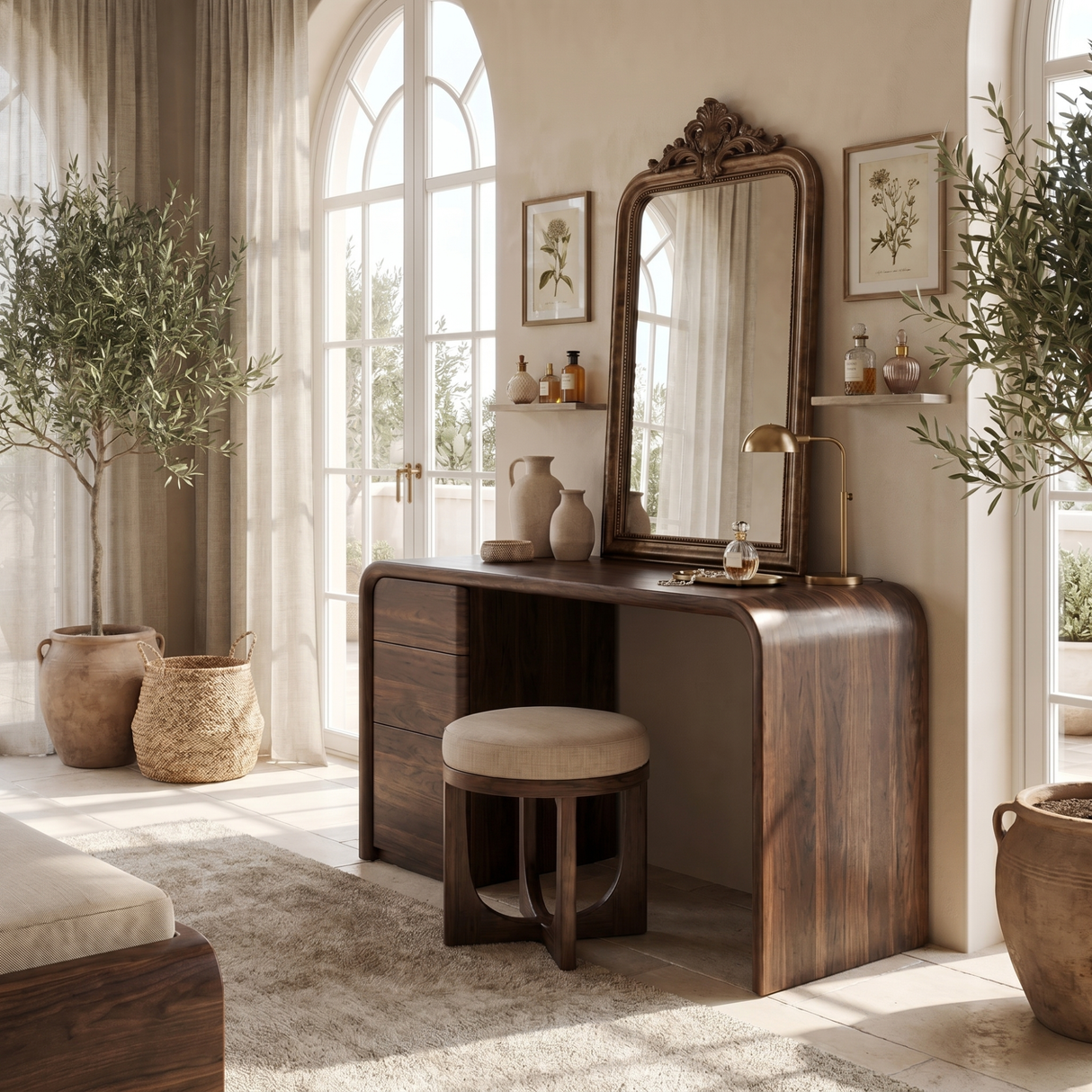 Rounded Solid Wood Vanity Table with Waterfall Side and Drawer Storage