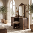Rounded Solid Wood Vanity Table with Waterfall Side and Drawer Storage