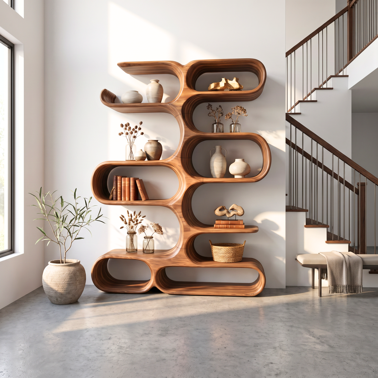 Handcrafted Solid Wood Organic Wall Bookcase with Curved Open Shelves