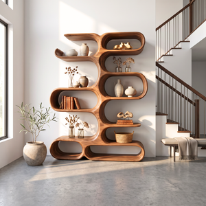 Handcrafted Solid Wood Organic Wall Bookcase with Curved Open Shelves
