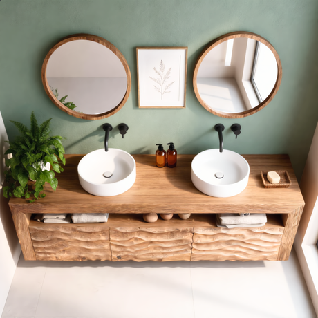 Floating Wood Double Bathroom Vanity with Carved Front and Open Shelf