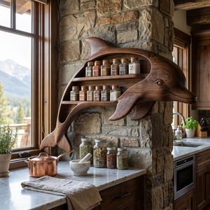 Handcrafted Dolphin-Shaped Wood Wall Spice Rack with Two Open Shelves for Kitchen