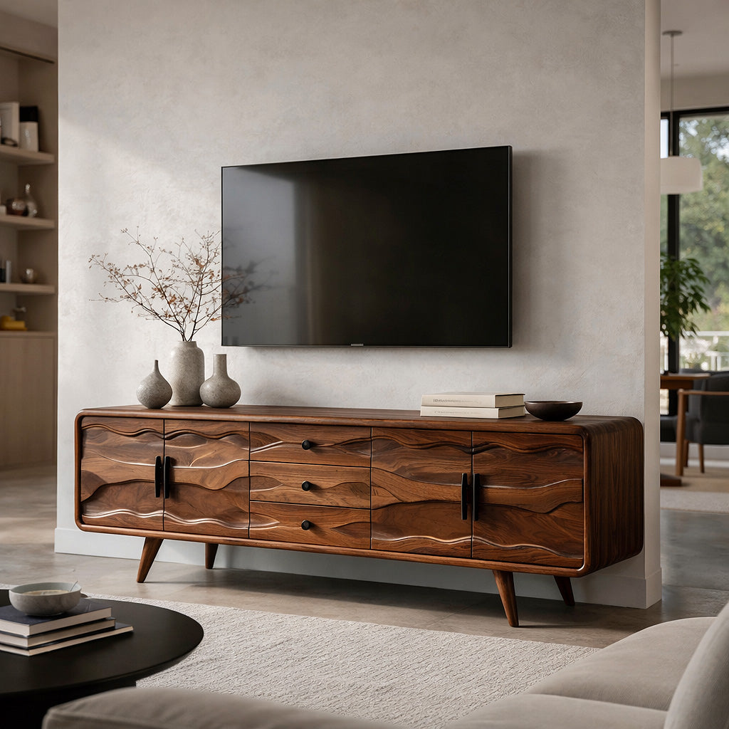 Organic Solid Wood TV Cabinet with Wave Carved Doors