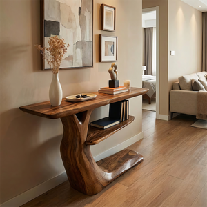 Organic Solid Wood Entryway Console with Sculpted Base