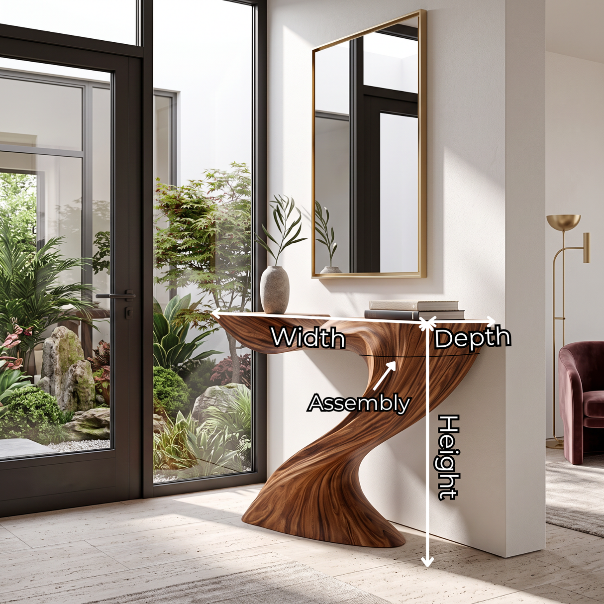 Console Table Solid Wood with Sculptural Swooping Pedestal for Entryway Decor