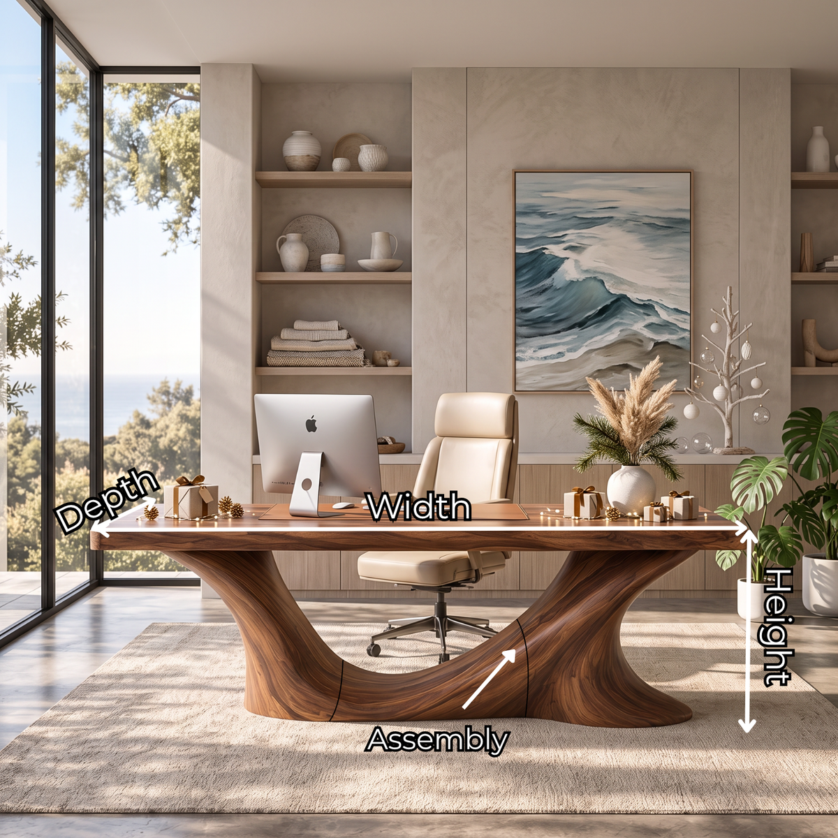 Handcrafted Solid Wood Executive Desk with Sculptural Wave Base