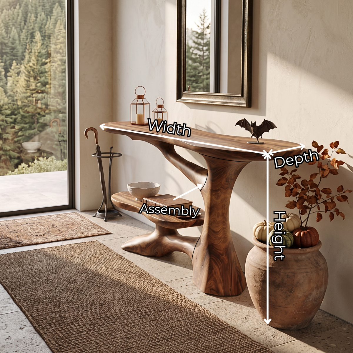 Handcrafted Solid Wood Console Table with Sculptural Branch Base and Floating Shelf