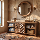 Solid Wood Bathroom Vanity with Wave Carved Center Panel and Open Shelf Storage