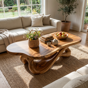 Handmade Solid Wood Coffee Table with Twisted Open Base and Smooth Rounded Top