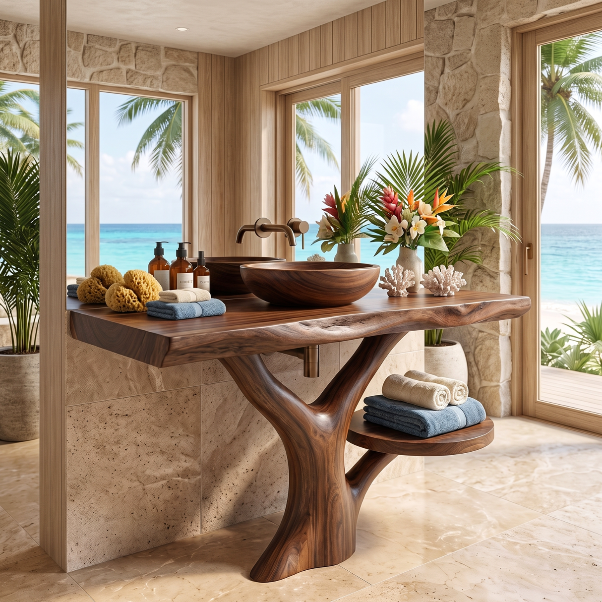 Bathroom Vanity Solid Wood with Tree Inspired Pedestal and Side Shelf for Spa Bathroom