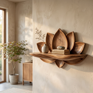 Natural Solid Wood Lotus Flower Wall Shelf with Sculpted Petal Back