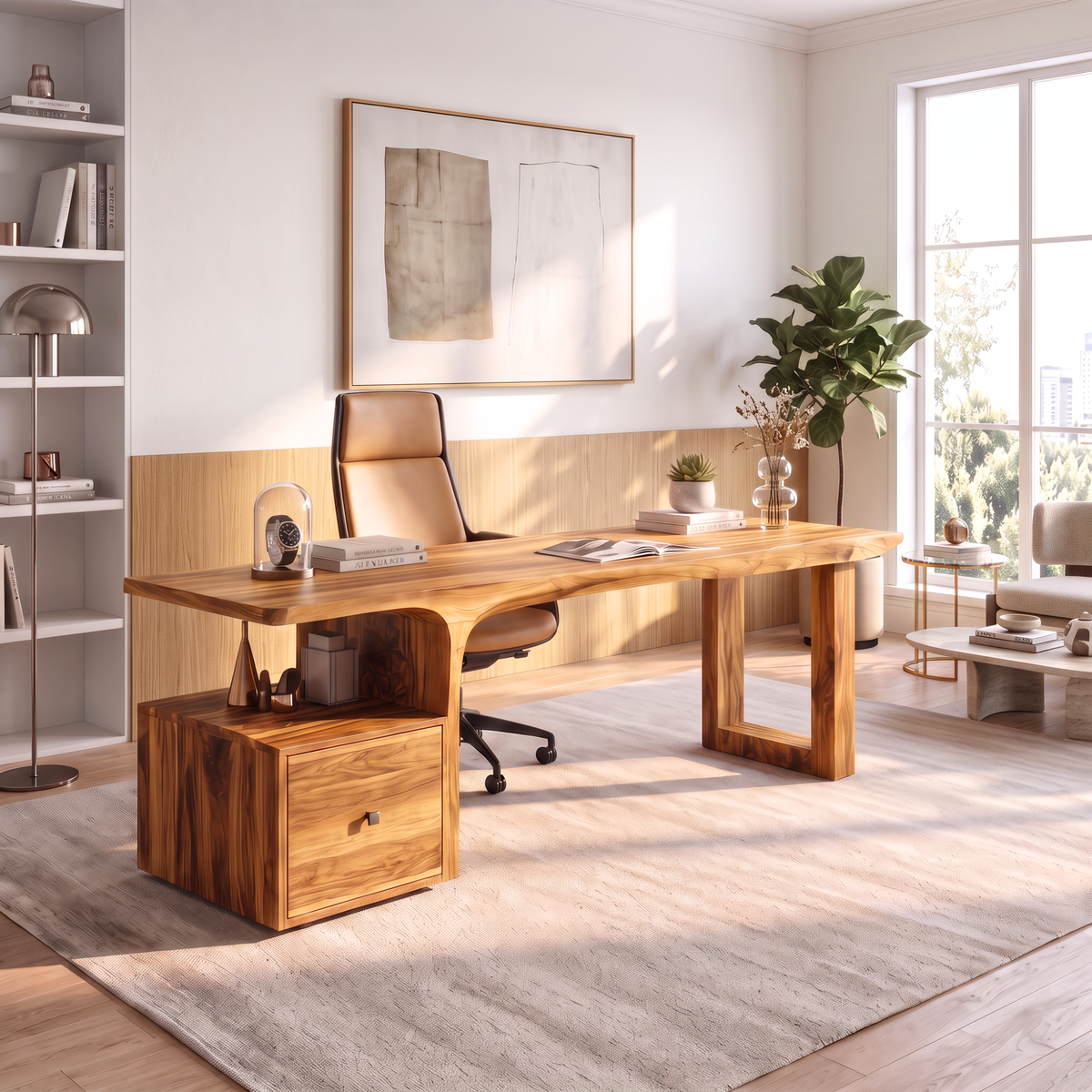 Sculptural Solid Wood Desk With Side Drawer For Home Office
