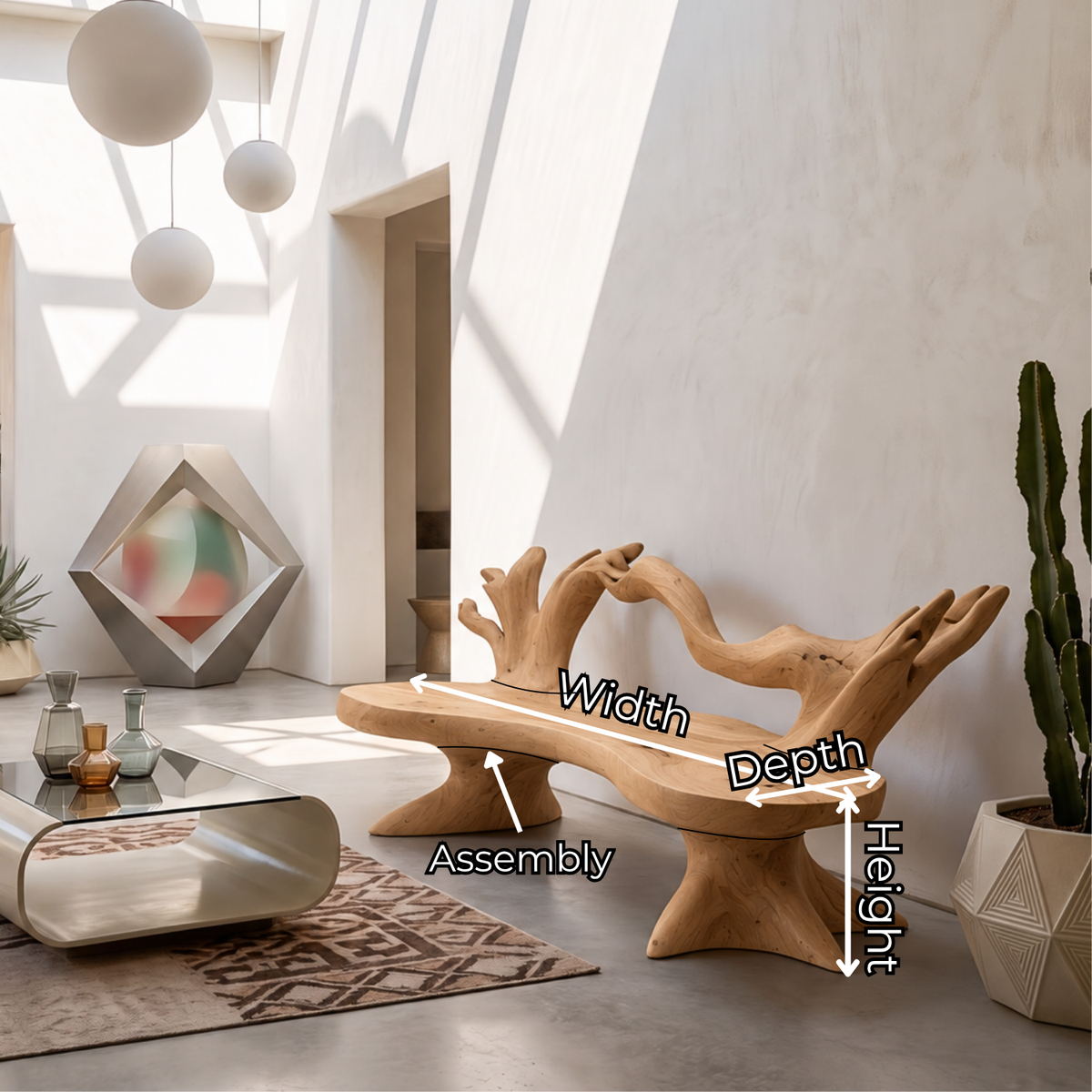 Handcrafted Outdoor Solid Wood Bench with Sculptural Branch Backrest