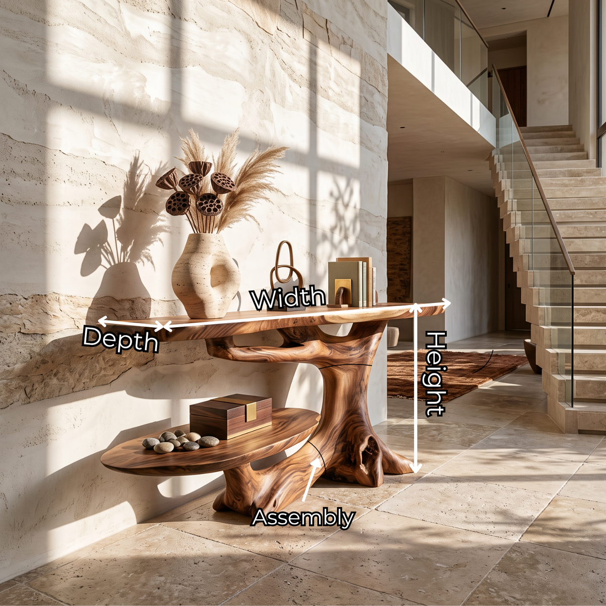 Handcrafted Solid Wood Console Table with Tree Root Base and Side Shelf