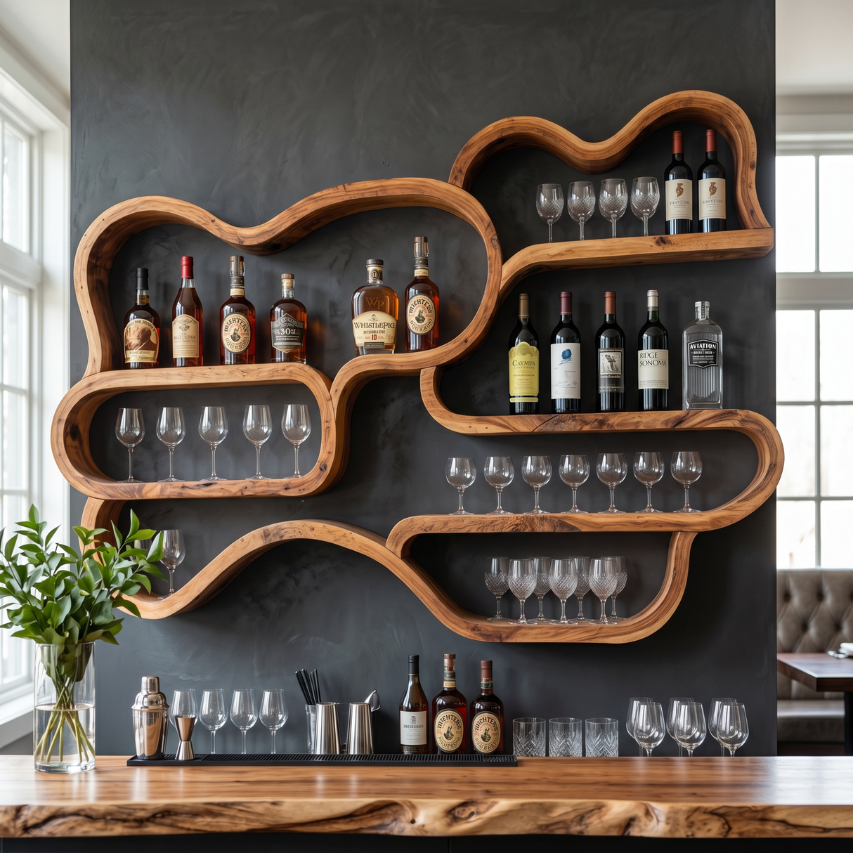 Organic Solid Wood Wall-Mounted Wine Rack with Flowing Shelves