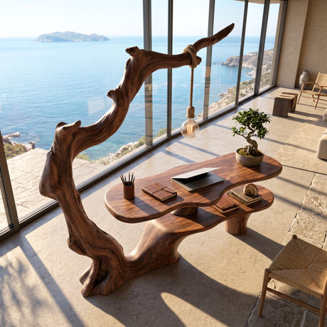 Sculptural Work Desk Tree Inspired Design with Hanging Lamp Organic Modern Workspace Table