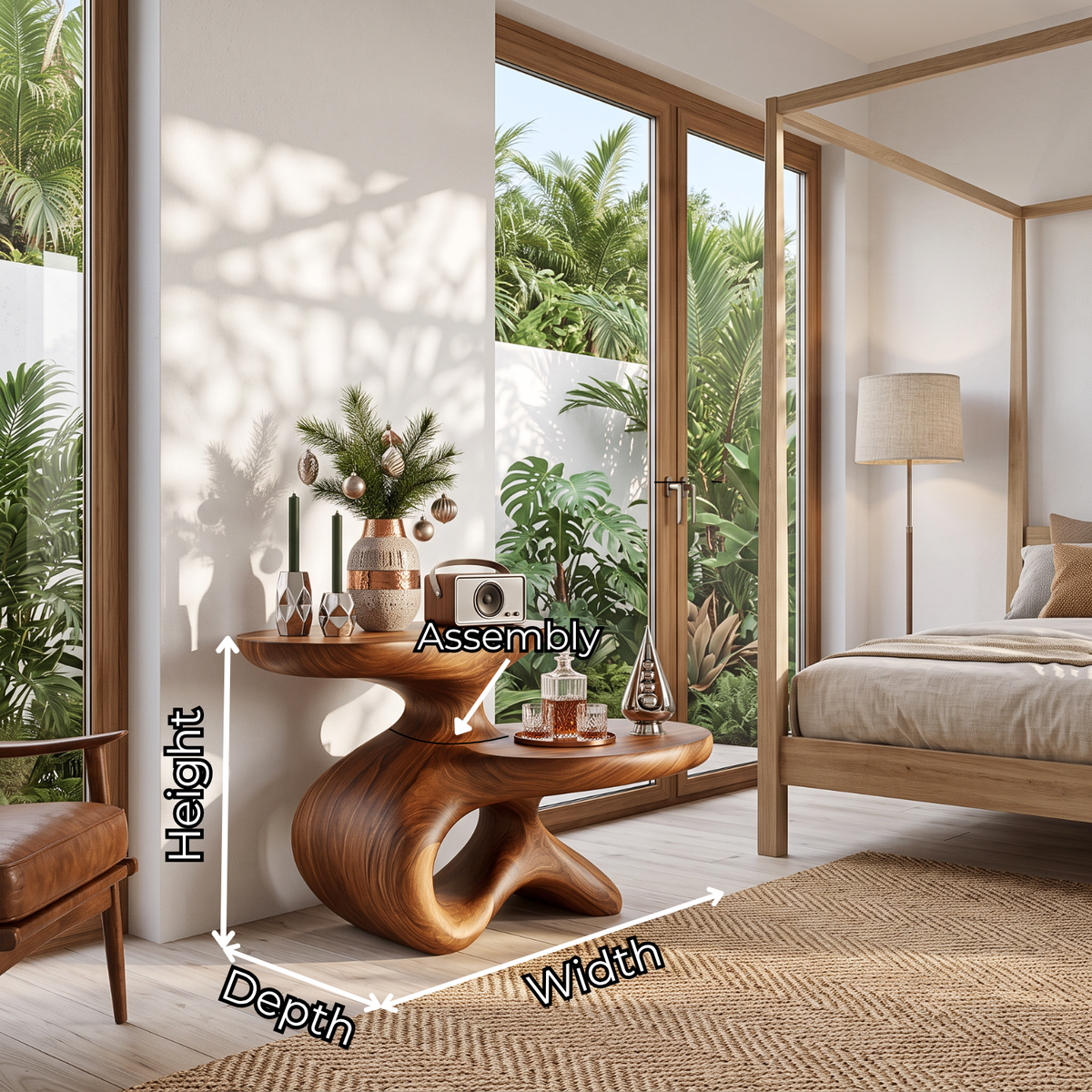 Sculptural Solid Wood Side Table with Two Tier Shelves and Organic Loop Base