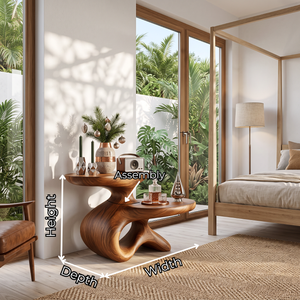 Sculptural Solid Wood Side Table with Two Tier Shelves and Organic Loop Base