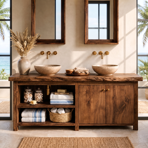 Bathroom Vanity Solid Wood with Double Sink and Open Shelf Storage for Rustic Bathroom