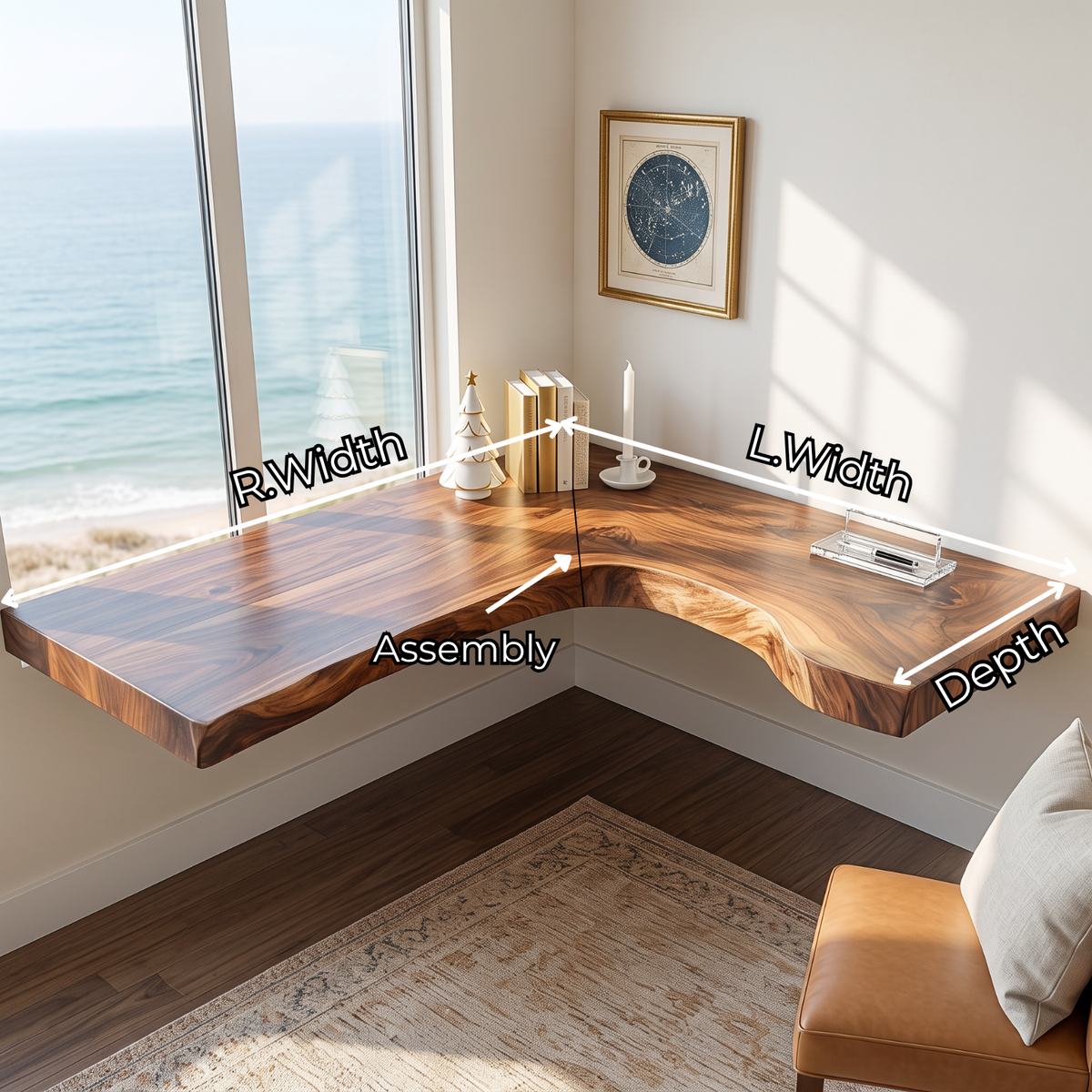 Live Edge Solid Wood Floating Desk with L Shaped Corner Design