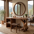 Handcrafted Solid Wood Vanity Table with Sculptural Root Base and Open Shelves