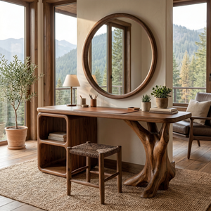 Handcrafted Solid Wood Vanity Table with Sculptural Root Base and Open Shelves