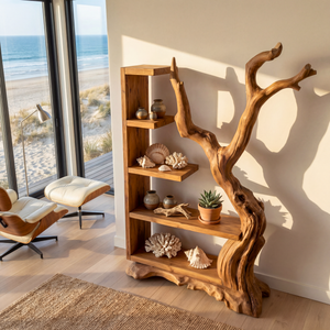 Tall Solid Wood Bookshelf with Sculptural Tree Form Organic Modern Display Shelf
