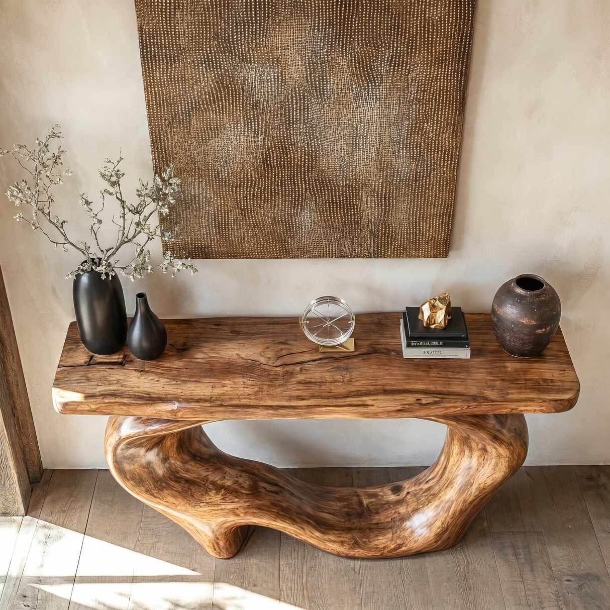 Console Table Solid Wood with Organic Hollow Loop Base for Entryway Decor