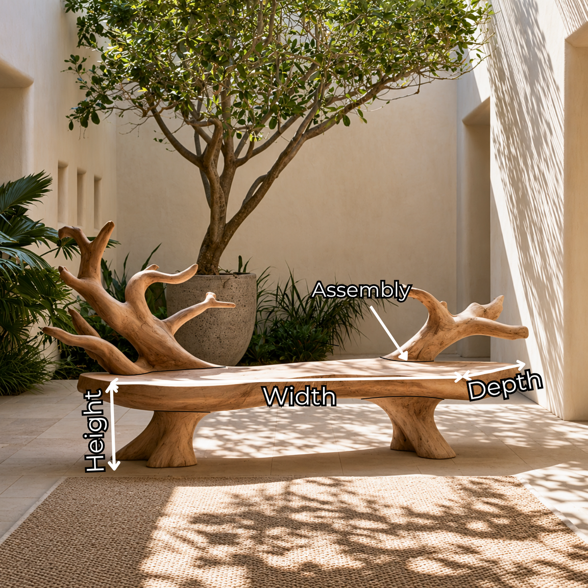 Outdoor Solid Wood Bench with Sculptural Branch Backrest
