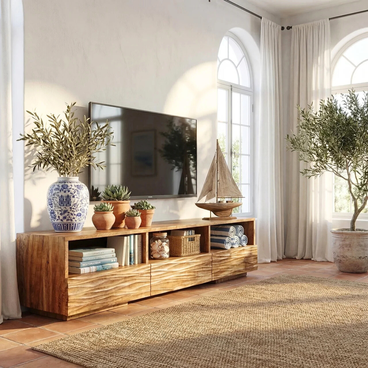 Sculptural Wood TV Cabinet with Carved Wave Front for Coastal Modern Interiors