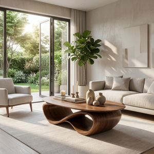Solid Wood Coffee Table with Twisted Hollow Wave Base for Living Room