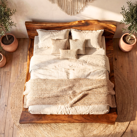 Solid Wood Platform Bed with Natural Edge Headboard for Bedroom