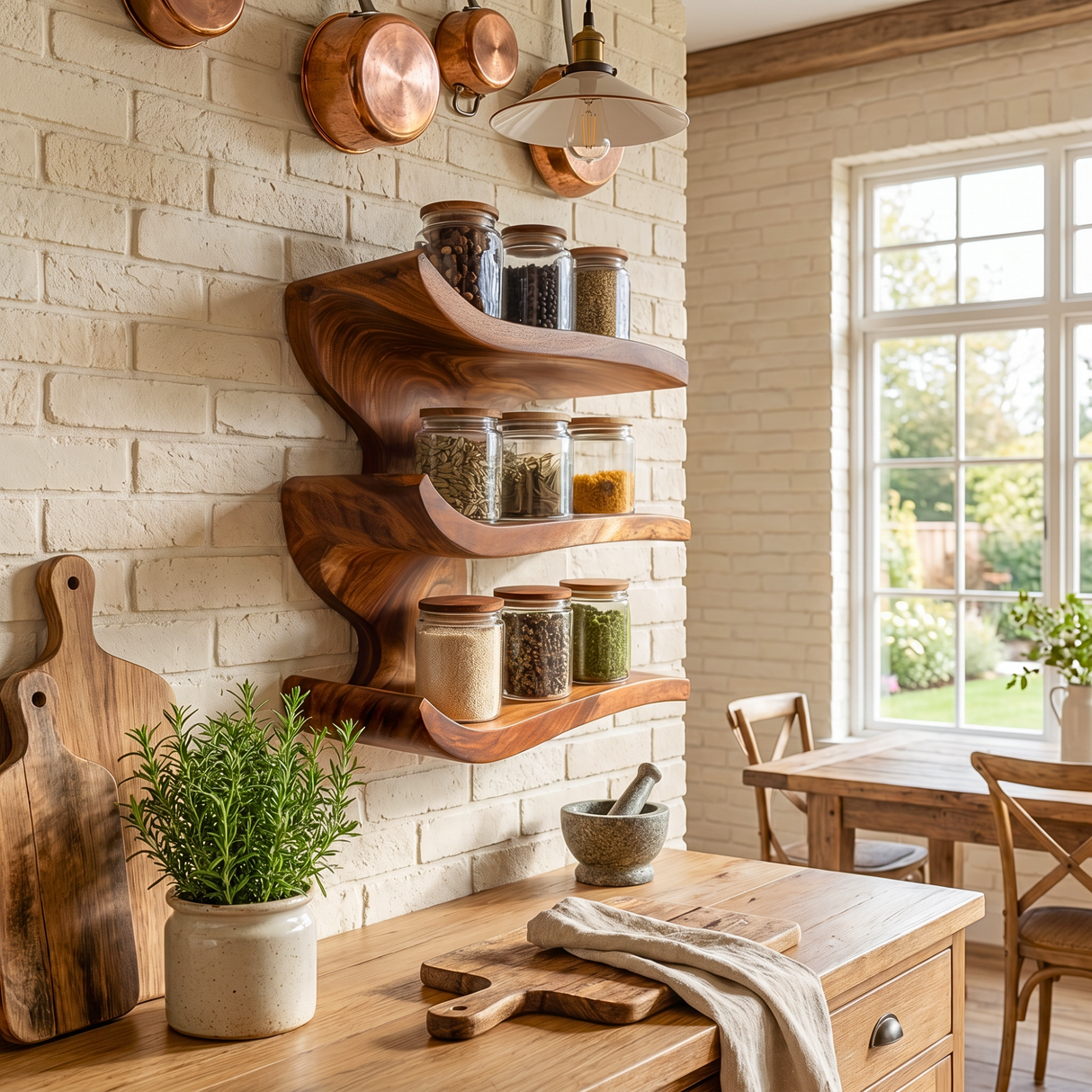 Solid Wood Three Tier Curved Spice Rack with Sculptural Wall Mounted Design