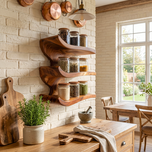 Solid Wood Three Tier Curved Spice Rack with Sculptural Wall Mounted Design