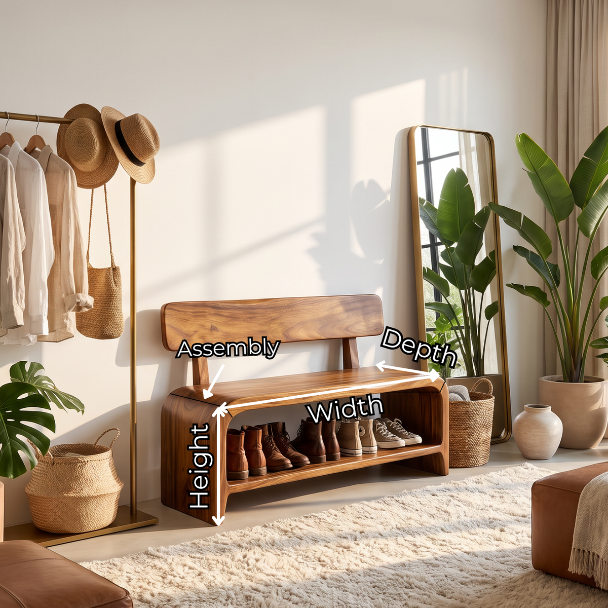 Shoe Bench Solid Wood with Backrest and Open Shoe Shelf for Entryway Storage