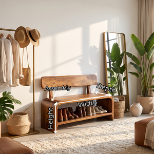 Shoe Bench Solid Wood with Backrest and Open Shoe Shelf for Entryway Storage