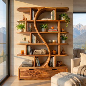 Organic Solid Wood Bookshelf with S Curve Divider and Base Drawers