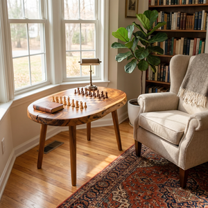Handcrafted Solid Wood Chess Coffee Table with Freeform Top and Tapered Legs