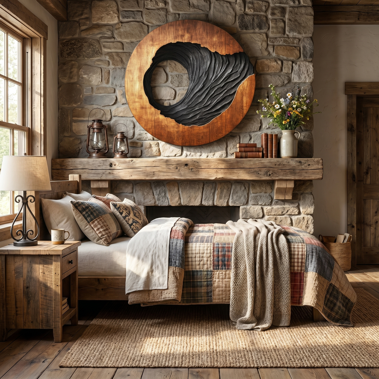 Oval Solid Wood Wall Art with Open Void and Black Carved Terrain Relief
