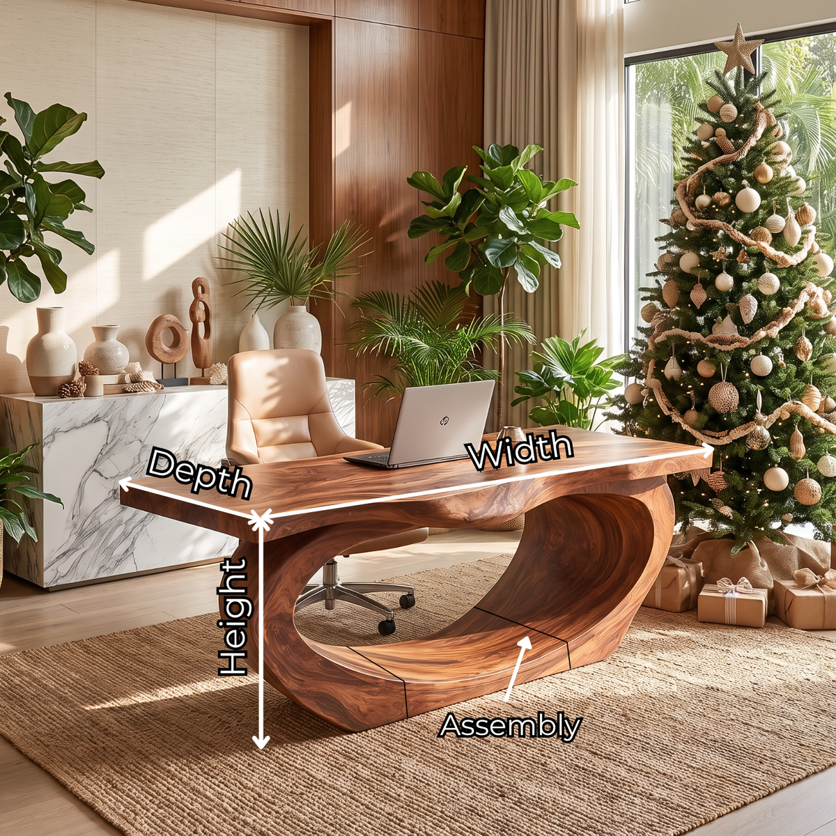 Sculptural Solid Wood Executive Desk with Flowing Oval Loop Base