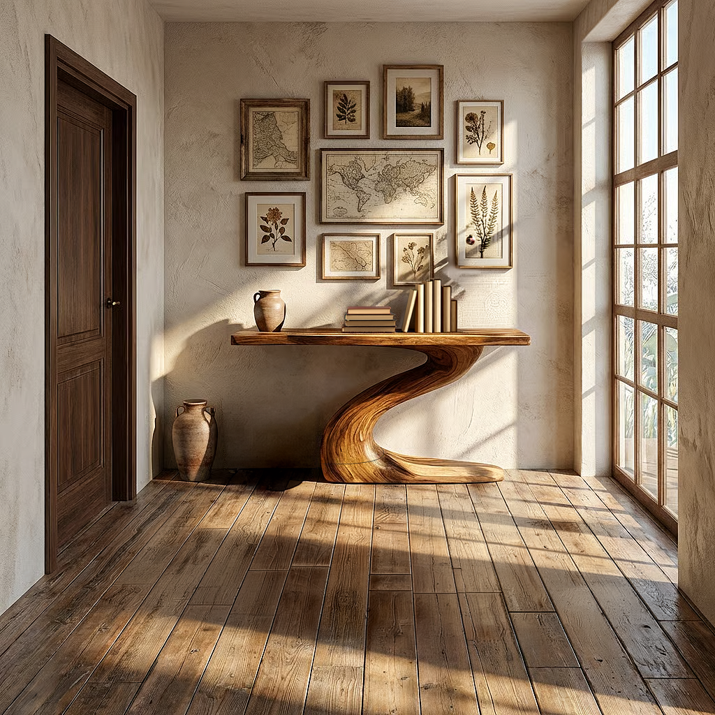 Floating Solid Wood Console Table with Curved Sculptural Base