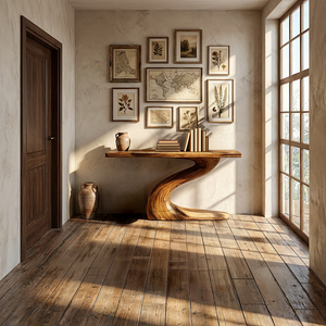 Floating Solid Wood Console Table with Curved Sculptural Base