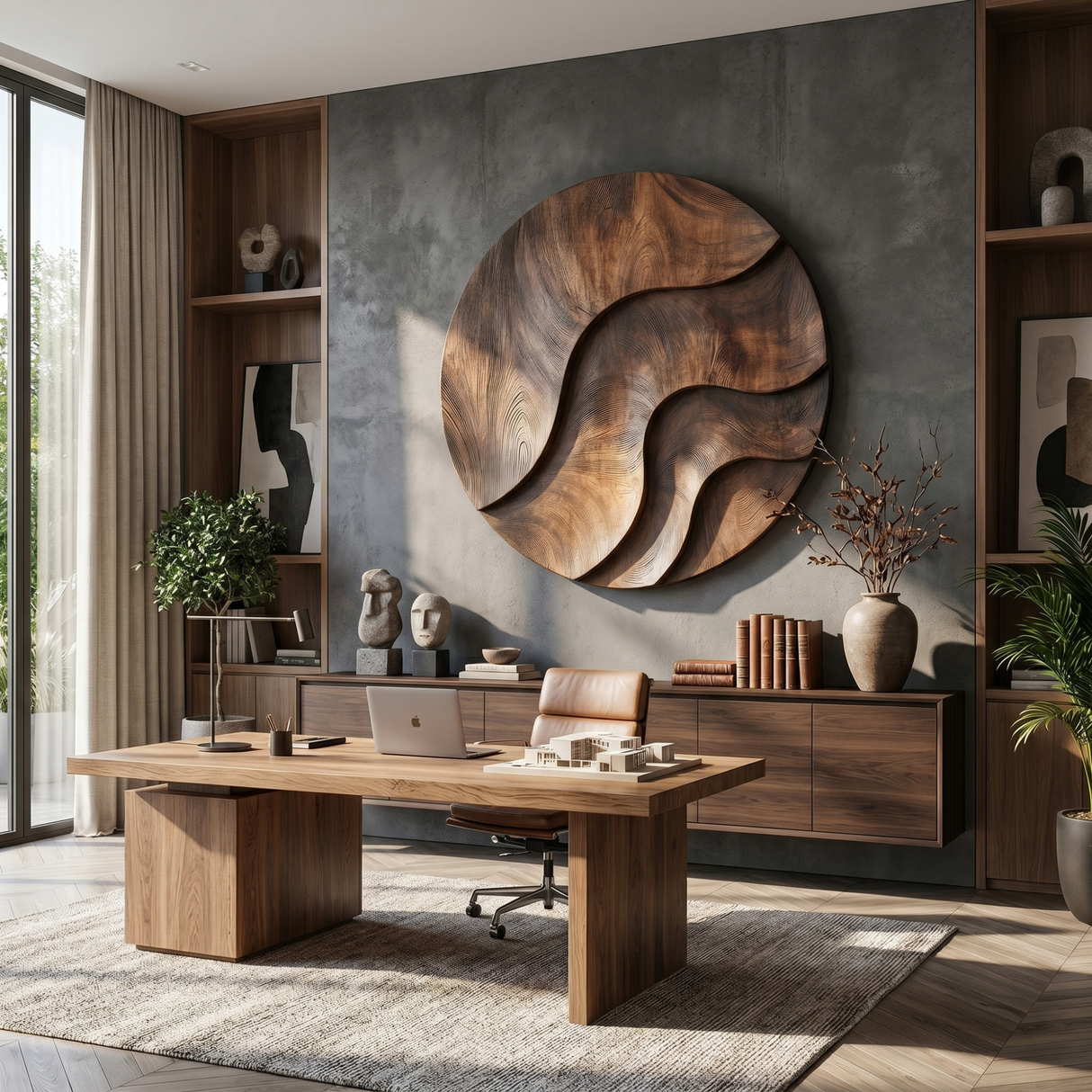 Round Solid Wood Wall Art with Sculpted River Flow and Dark Wood Contrast