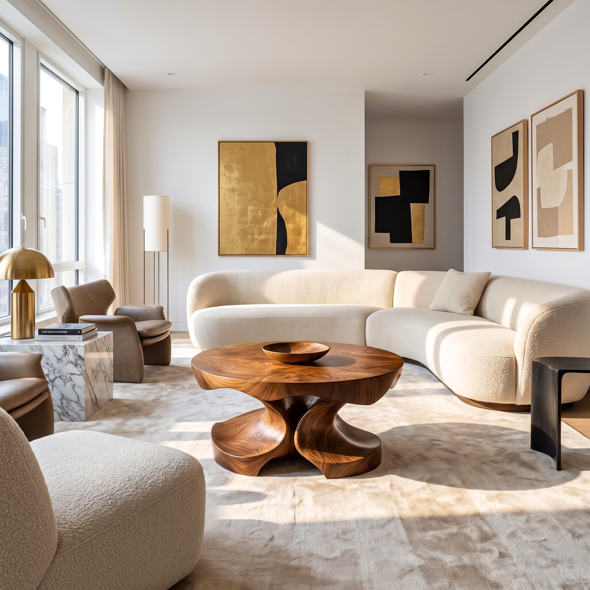 Coffee Table Solid Wood with Sculptural Four-Lobed Pedestal Base for Living Room