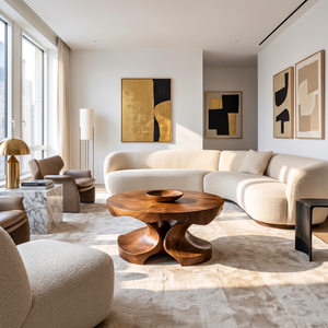 Coffee Table Solid Wood with Sculptural Four-Lobed Pedestal Base for Living Room