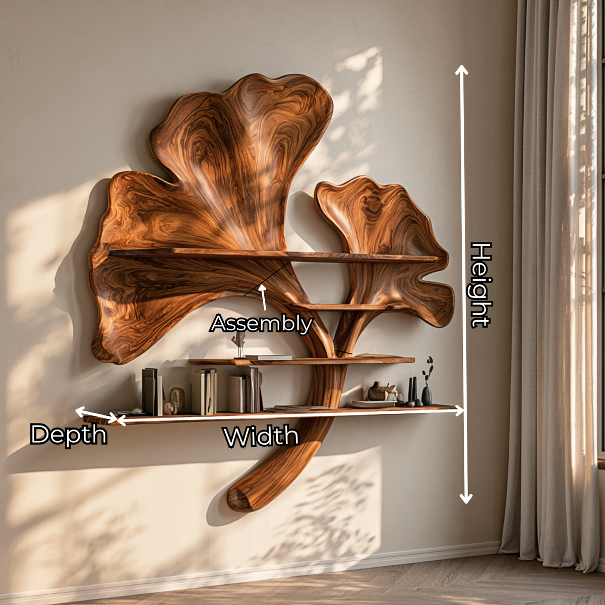 Solid Wood Ginkgo Leaf Wall Shelf Sculpture for Living Room Decor