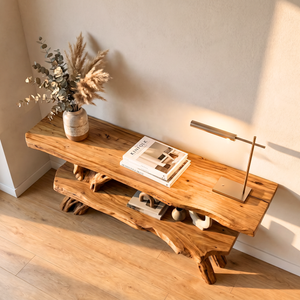 Organic Wooden Console Table Handmade Rustic Display Shelf